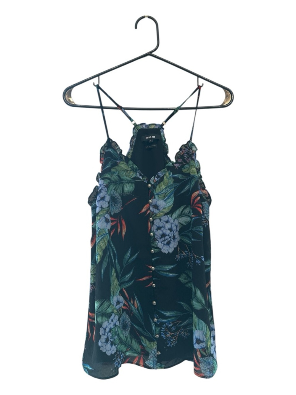 Vintage Y2K Era Miss Me Black Floral Button-Front Ruffle Cami Size Small